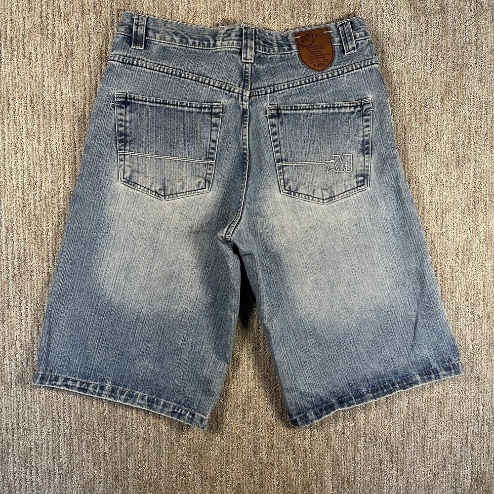 Y2K Mecca Apparel Denim Shorts Jorts Mens 34 x 15 Blue Baggy Embroidered Hip Hop